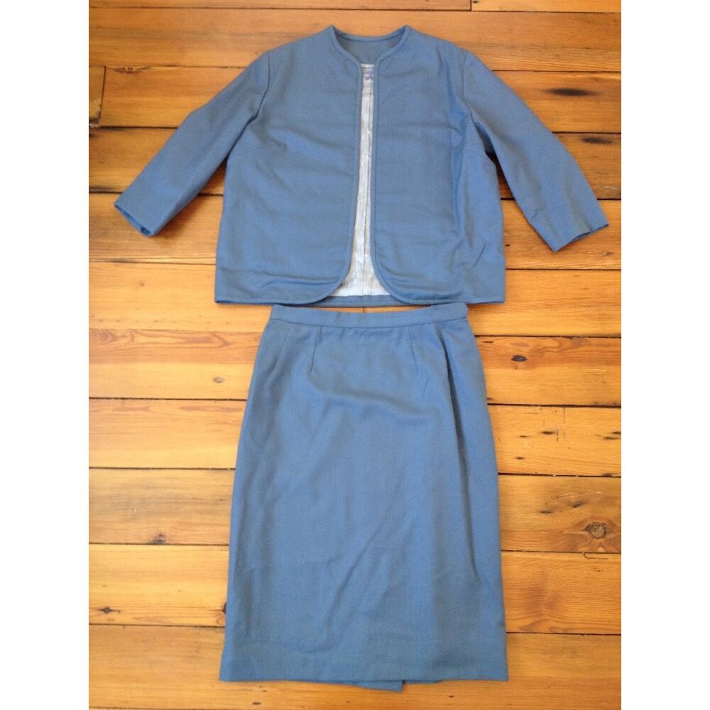 Vtg 70s Japanese Sakura Custom Tailored Blue Two Piece Skirt Jacket Suit Set S/M